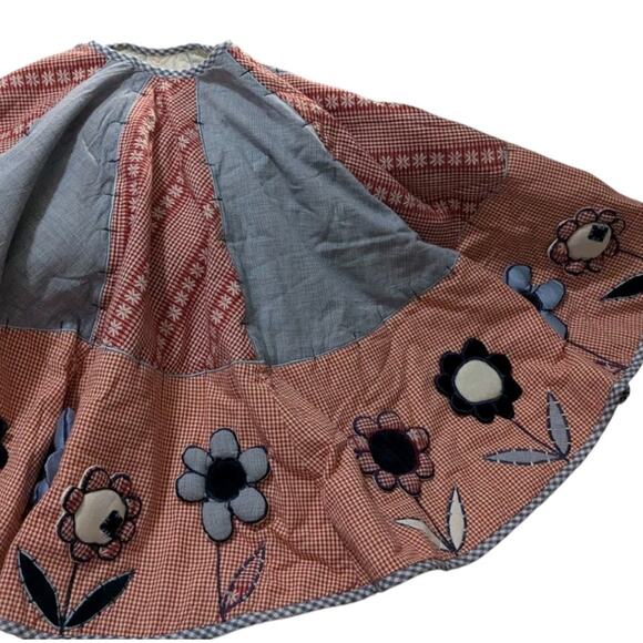 Vtg Quilted Patchwork Christmas Tree Skirt Red White Blue Gingham Country USA - Picture 3 of 11